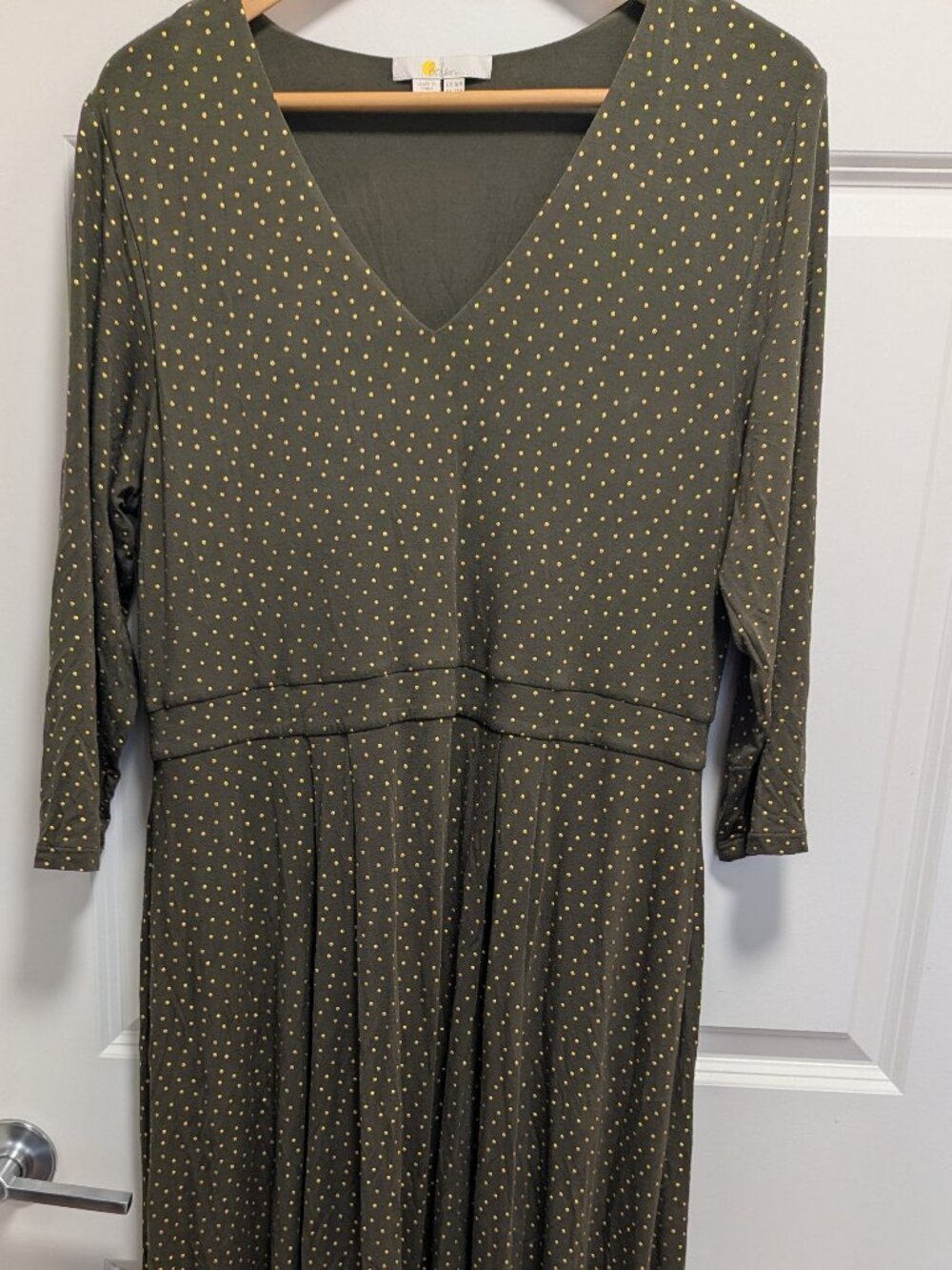 Boden Olive Green Gold Metallic Polka Dot V-Neck Midi Dress US 12R/UK 16R(NWOT)